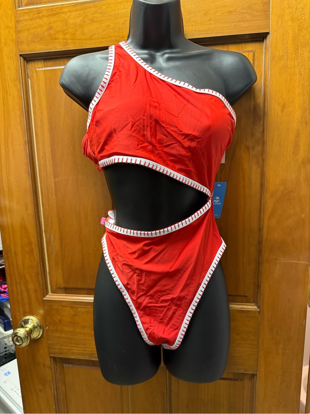 Cupshe Red One-Shoulder Cutout One-Piece Swimsuit with White Trim